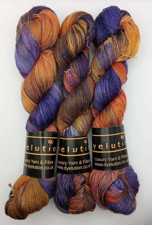 "Firecracker" 100G Alpaca/Silk/   Cashmere hand dyed Lace Weight Yarn
