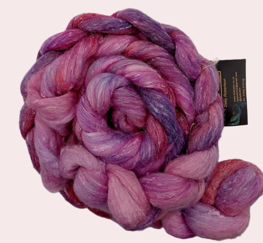 100G Tweed/Merino/Bamboo hand dyed fibre combed top - "Raspberries and Cream"