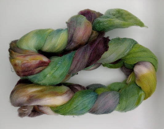 100G Rambouillet/Silk luxury hand dyed fibre combed top - "Acorn Fall"
