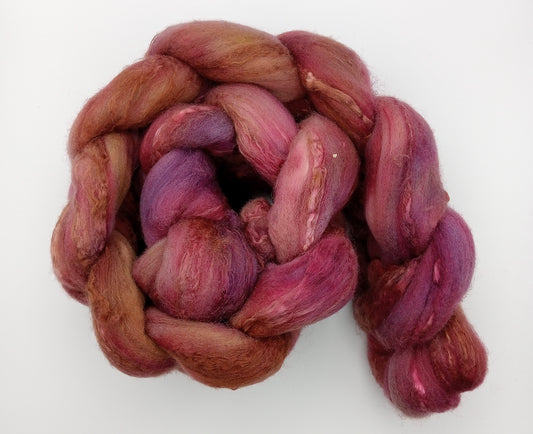 100G Merino/Silk hand dyed fibre combed top - "Fallen Damsons"