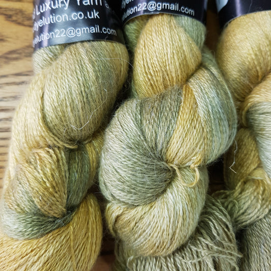 100G Baby Alpaca/Silk/Linen hand dyed Lace Weight Yarn- "Pheasants Tail Grass"